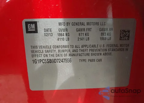 2013 Chevrolet Cruze 1Lt Auto из США, поврежденный, VIN 1G1PC5SB9D7247556